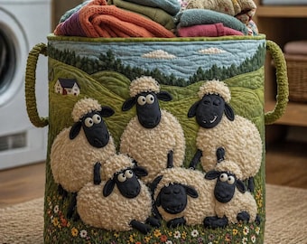 Cesto de ropa acolchado Sheep Heaven, decoración de lavandería con diseño de ovejas, cesto de tela suave, contenedor de almacenamiento colorido con diseño de ovejas, regalo para mamá, regalo para ella.