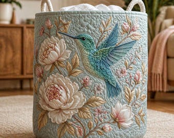 Cesta de ropa blanca acolchada con colibríes y flores, decoración de aves para el cuarto de lavado, cesta de tela suave, cesta con diseño de campo de aves y flores, regalo para mamá