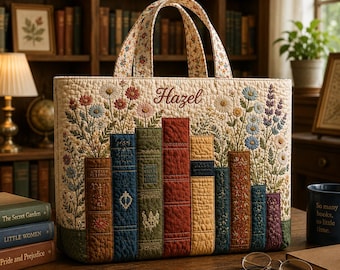 Personalized Vintage Book Quilted Tote Bag, Floral Library Shoulder Bag, Custom Name Reader Gift, Gift for Readers Women, Gift Bag