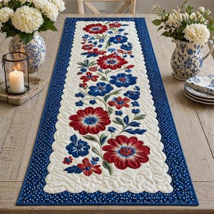 Könnte beinhalten: Gesteppter Tischläufer mit floralem Design. Der Läufer hat eine weiße Mitte mit roten und blauen Blumen und grünen Blättern. Der Rand ist marineblau mit weißen Punkten. Der Läufer ist etwa 152 cm lang.