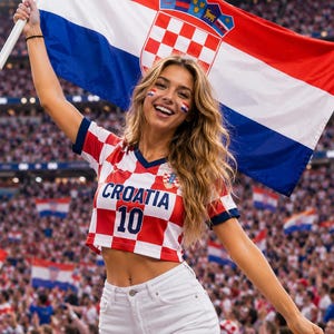 May include: A cropped red and white checkered jersey with the text CROATIA and the number 10 on the front, paired with white denim shorts. The jersey features a V-neckline and short sleeves, while the shorts have a button and zipper closure.