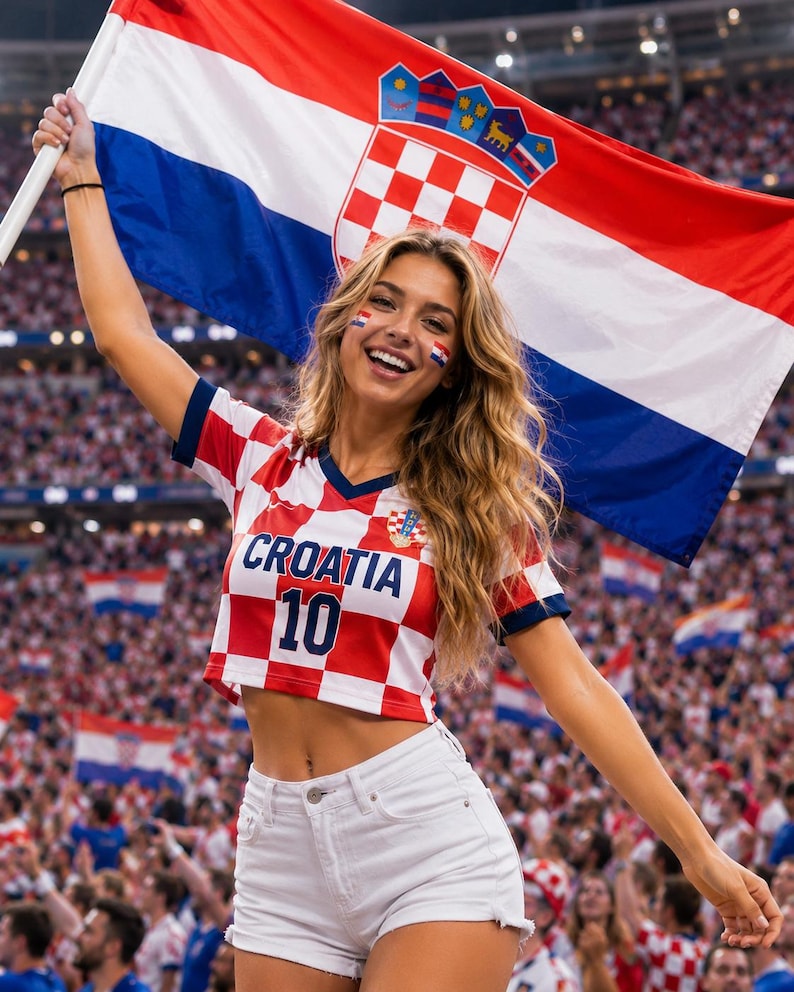 May include: A cropped red and white checkered jersey with the text CROATIA and the number 10 on the front, paired with white denim shorts. The jersey features a V-neckline and short sleeves, while the shorts have a button and zipper closure.