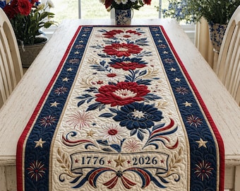 Quilted Table Runner: Patriotic Flower Table Runner, 250th Anniversary Table Runner, Farmhouse Table Decor, Spring Table Runner, 1776 2026