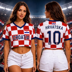 May include: A cropped V-neck jersey featuring a red and white checkered pattern, blue trim, and the text CROATIA on the front. The back displays the text HRVATSKA above the number 10, with a small Croatian flag emblem on both sides.
