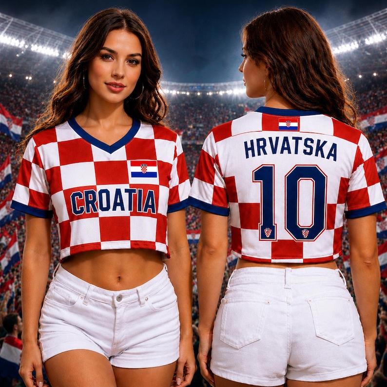 May include: A cropped V-neck jersey featuring a red and white checkered pattern, blue trim, and the text CROATIA on the front. The back displays the text HRVATSKA above the number 10, with a small Croatian flag emblem on both sides.