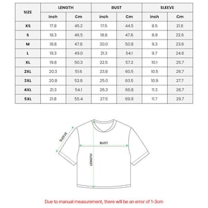 May include: A black and white size chart for a t-shirt, featuring a table with columns for size, length, bust, and sleeve measurements in both inches and centimeters, alongside a line drawing of a t-shirt with arrows indicating measurement points.