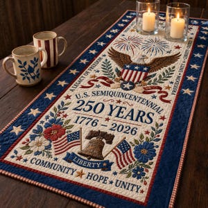 May include: A patriotic table runner with a blue border featuring white stars and red trim. The center displays an eagle, flags, and the text "U.S. SEMIQUINCENTENNIAL 250 YEARS 1776-2026". The runner is decorated with floral and patriotic motifs.