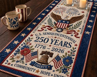 Camino de mesa acolchado: Camino de mesa patriótico, Camino de mesa del 250 aniversario, Decoración de mesa estilo granja, Camino de mesa de primavera, Decoración 1776 2026