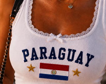 Regata bordada com renda do Paraguai, Regata personalizada com bordado do Paraguai, Regata de futebol do Paraguai, Regata de futebol paraguaio, Presente para torcedor do Paraguai