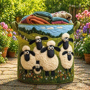 May include: A round, fabric storage basket with a sheep design. The basket is filled with folded blankets and towels. The exterior features a green landscape with sheep, hills, and a blue sky. The basket has green handles.