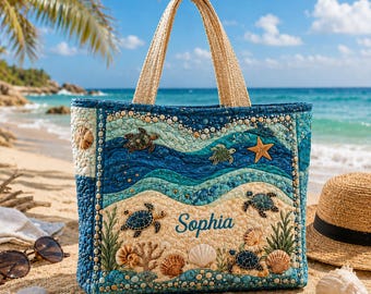 Personalized Beach Quilted Tote Bag, Custom Name Sea Turtle Tote, Ocean Waves Beach Bag, Summer Vacation Tote, Coastal Gift for Women, Gifts