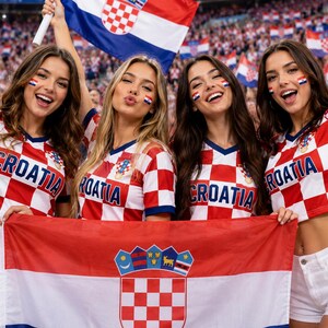 May include: Four individuals wearing red and white checkered crop tops with the word CROATIA printed in blue across the chest. They are holding a large Croatian flag with a red, white, and blue horizontal tricolor and a central coat of arms.