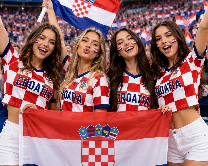 May include: Four individuals wearing red and white checkered crop tops with the word CROATIA printed in blue across the chest. They are holding a large Croatian flag with a red, white, and blue horizontal tricolor and a central coat of arms.