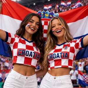 May include: Two cropped t-shirts featuring a red and white checkered pattern with the word CROATIA printed in blue across the chest. The shirts have short sleeves and a V-neckline, paired with white denim shorts, held up with a large Croatian flag.