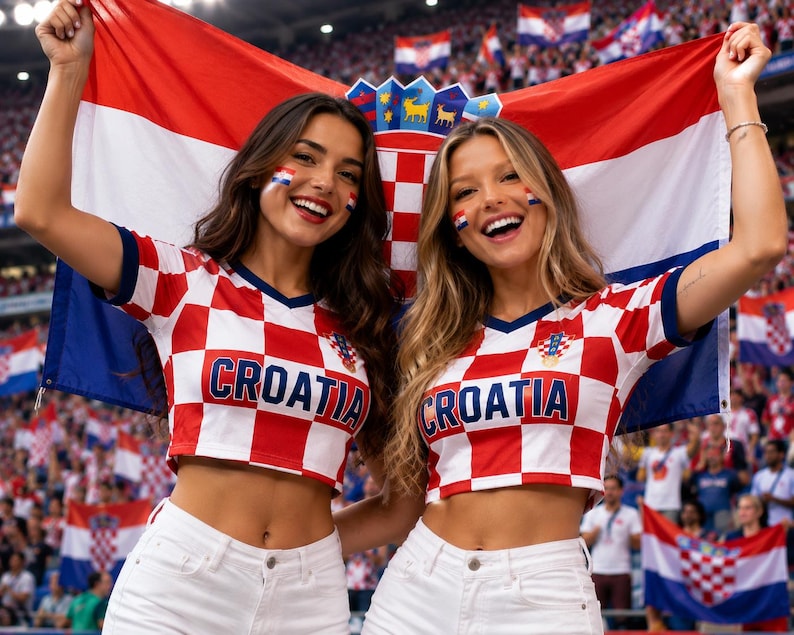 May include: Two cropped t-shirts featuring a red and white checkered pattern with the word CROATIA printed in blue across the chest. The shirts have short sleeves and a V-neckline, paired with white denim shorts, held up with a large Croatian flag.