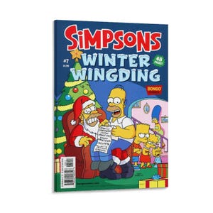 May include: Simpsons Winter Wingding number 7 comic book cover featuring Homer Simpson sitting on Santa Claus's lap in a red armchair. A Christmas tree stands behind them, while Marge, Bart, Lisa, and Maggie Simpson watch from the background.