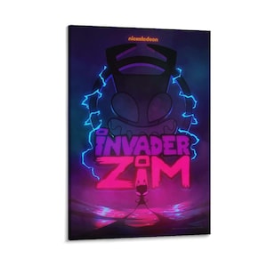 May include: A canvas print featuring the Invader Zim logo with a neon-style design. The artwork showcases the show's title in pink and the alien character's silhouette, surrounded by blue lightning bolts, against a dark purple background.