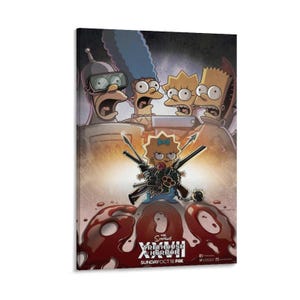 May include: A rectangular poster featuring The Simpsons characters Marge, Lisa, and Bart with a robot, all looking shocked. In the center, a baby holds multiple weapons. Below, red blood-like text reads The Simpsons Treehouse of Horror XXVII.