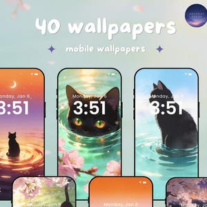 Könnte beinhalten: Eine Sammlung von Handy-Hintergründen mit Illustrationen von schwarzen Katzen in verschiedenen ruhigen Umgebungen. Die Hintergrundbilder zeigen die Uhrzeit und das Datum, mit dem Text "40 wallpapers" und "mobile wallpapers" oben. Die Kunstwerke umfassen Wasserspiegelungen und florale Elemente.