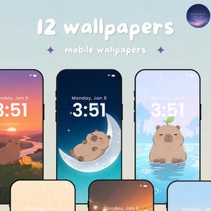 May include: A selection of 12 mobile wallpapers showcasing cartoon capybaras in diverse scenes. Each phone screen displays the time, "Monday, Jan 6, 3:51". The wallpapers feature varied backgrounds, such as a sunset, moon, and water.