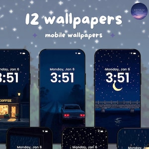 May include: A digital collection of 12 mobile wallpapers featuring various night scenes, including a coffee shop, a car on a road, a bridge under a crescent moon, a rainy window with a laptop, a starry sky over a city, and a rainy street.