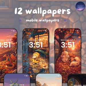 May include: A digital collection of 12 mobile wallpapers featuring various animated creatures in scenic environments. The display shows multiple smartphone screens with time and date overlays, showcasing illustrations of characters like Charizard, Psyduck, and Mewtwo.