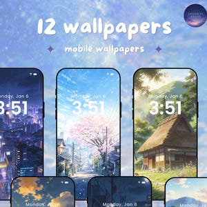 May include: A digital art display of 12 mobile wallpapers, each showcasing a different scenic view. The wallpapers feature various landscapes, including cityscapes, cherry blossoms, and rural scenes. The time displayed on each phone is 3:51.