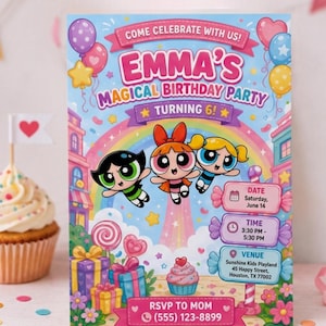 Puede incluir: Una colorida invitación de cumpleaños con el texto "EMMA'S MAGICAL BIRTHDAY PARTY TURNING 6!". La invitación incluye la fecha, la hora y el lugar de la fiesta.