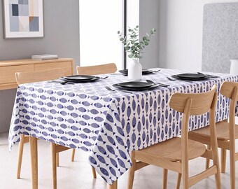 Blaue Fisch Tischdecke, Küstentischdecke, nautische Tischdecke, mediterrane Esszimmerdekoration, Strandhaus-Küchentischdecke