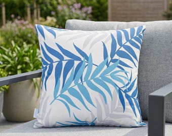 Funda de almohada impermeable azul tropical, cojín botánico para exteriores, detalle costero para patio, funda de almohada moderna con estampado de hojas, decoración de verano para porche.