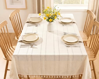 Mantel de verano de algodón y lino con borlas, decoración del hogar, textil de cocina moderno, estilo escandinavo, estilo bohemio para el hogar, decoración de cocina rústica.