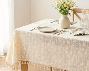 Mantel de lino y algodón de verano con borlas, estilo rústico bohemio para comedor, decoración de cocina rústica, mantelería rústica