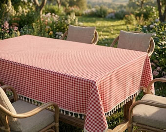 Mantel de algodón y lino, decoración de comedor estilo granja con estampado de cuadros rojos, algodón para cocina estilo cottagecore, funda rústica con borlas, textil para mesa de picnic de verano.