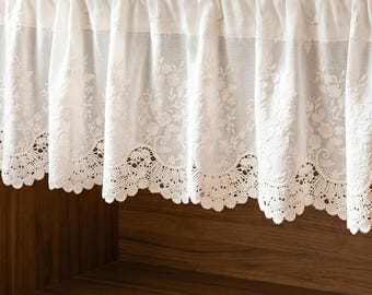Farmhouse Lace Cafe Curtain, Embroidered Kitchen Window Curtain, Cottagecore Valance, Rustic Country Home Decor
