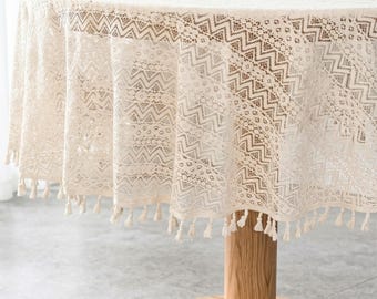 Mantel de ganchillo estilo bohemio con borlas, mantel redondo de encaje beige, mantel de punto vintage, decoración de comedor estilo cottagecore, estilo escandinavo