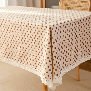 Strawberry Lace Trim Tablecloth, Cotton Linen Cottagecore Table Cover, Cream Farmhouse Dining Cloth, Cute Fruit Print Kitchen Decor Gift