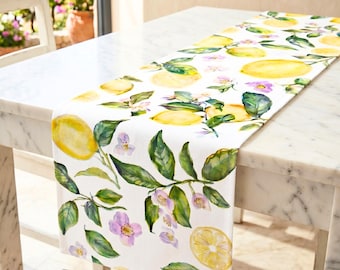 Camino de mesa de lino color limón, decoración floral cítrica, estilo rústico, mesa de verano, decoración de comedor floral cítrica, acento mediterráneo