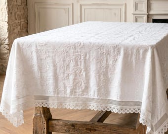 Mantel blanco bordado con encaje, mantel de lujo con borde de ganchillo floral, elegante mantel rústico para mesa de comedor, mantel de algodón estilo granja vintage.