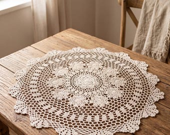 Tapete redondo de ganchillo, tapete de mesa de encaje, centro de mesa de algodón color crema estilo granja, regalo rústico de inauguración de casa, decoración bohemia para el hogar