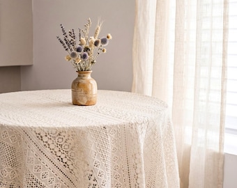 Mantel de encaje bohemio, mantel redondo de estilo rústico, sobremantel de algodón a crochet, decoración rústica para bodas, decoración de comedor con borlas