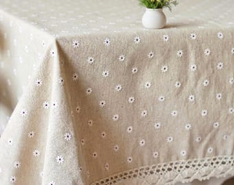 Mantel de lino con margaritas, mantel estampado floral estilo granja para comedor, decoración rústica de mesa, mantel de cocina con ribete de encaje, decoración de mesa de verano