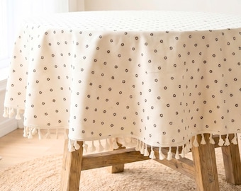 Mantel bohemio con borlas, funda floral estilo granja, sobremantel rústico, decoración de cocina redonda neutra, acento para comedor, estilo escandinavo