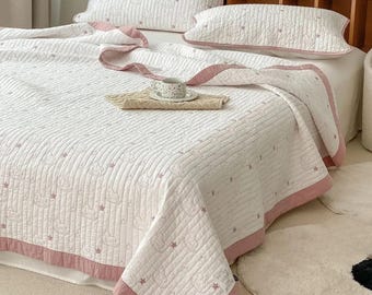 Juego de edredón de algodón de 3 piezas, colcha de verano bordada con fundas de almohada, ropa de cama ligera para niñas y niños.