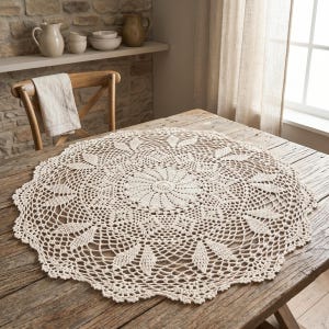 Puede incluir: Un tapete de ganchillo redondo de color blanco roto que presenta un intrincado patrón floral y geométrico repetitivo con un motivo circular central y un borde festoneado, exhibido plano sobre una mesa de madera rústica.
