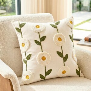 Floral Embroidery Pillow Cover, Linen Daisy Cushion, Boho Rustic Sofa Decor, Pastoral Accent Piece