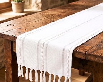 Leinen Tischläufer, Boho Bauernhaus Dekor, rustikale Hochzeit Herzstück, Beige Weiß Minimalist Couchtisch Dekor, Küchenschal