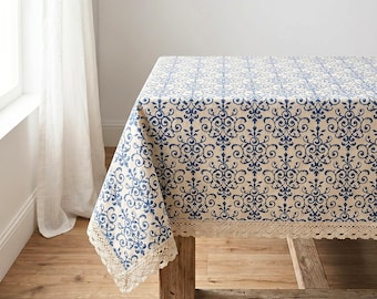 Mantel de lino azul con estampado floral y ribete de encaje, mantel rústico bohemio, mantel vintage de estilo campestre francés, mesa de comedor de estilo rústico.