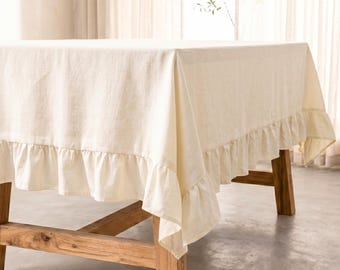 Mantel de lino blanco crema, decoración de comedor estilo granja, funda minimalista con volantes, textil de cocina estilo cottagecore, mantel de lino rústico para bodas