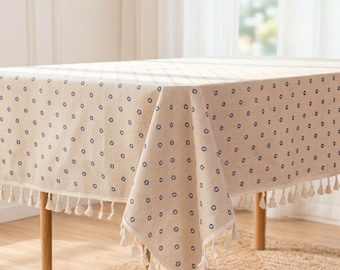 Mantel vintage de algodón y lino con borlas, decoración floral estilo casa de campo, cubremesa de comedor, toque campestre francés, estilo veraniego para exteriores.