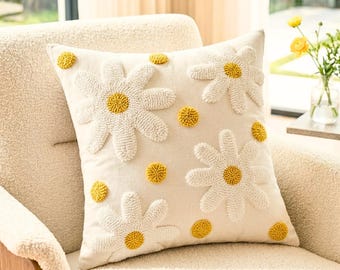 Funda de almohada con bordado floral, cojín de algodón con margaritas, decoración rústica bohemia para sofá, pieza decorativa campestre.